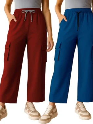 Stylish & Comfortable Lycra Blend Cargo Pants with Pockets Maroon & Blue