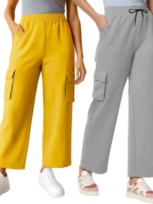 Stylish & Comfortable Lycra Blend Cargo Pants with Pockets Yellow & Grey